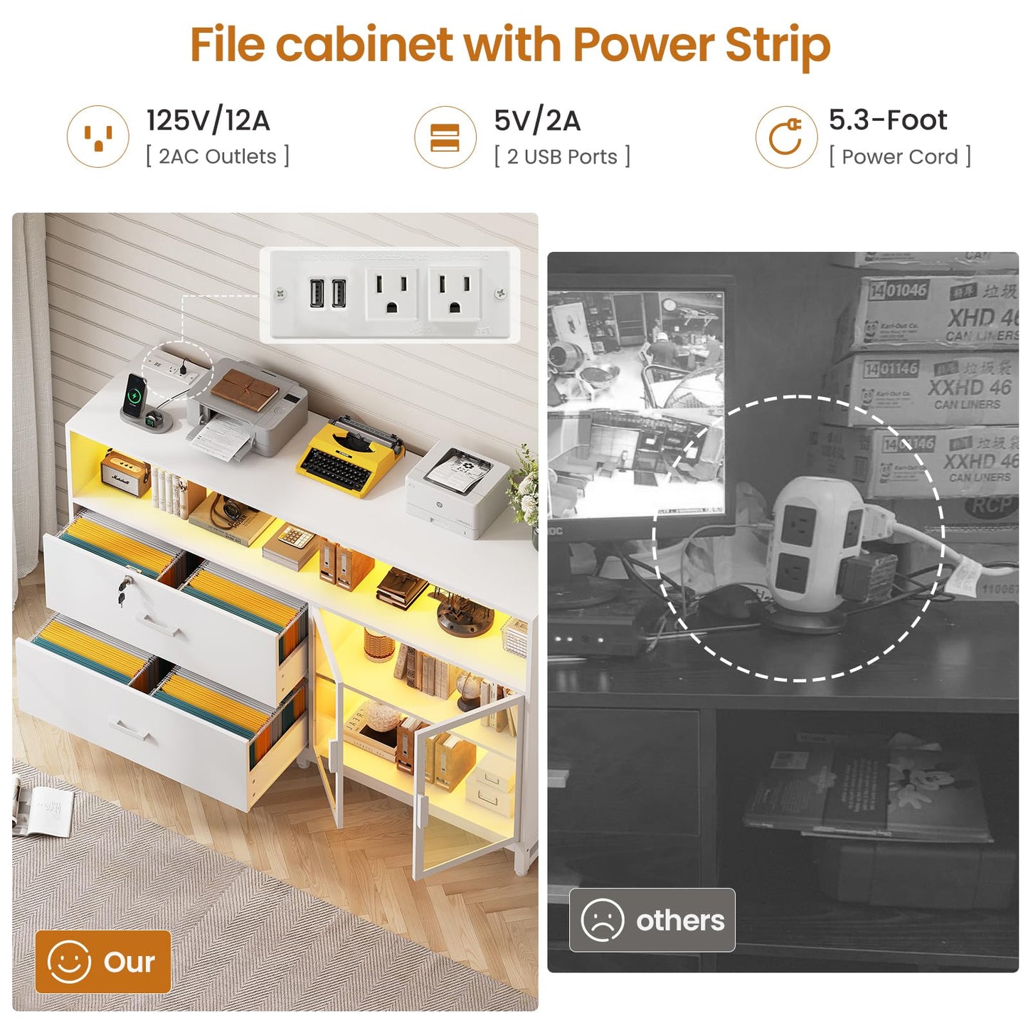 SEDETA 59" File Cabinet, 2 Drawers Filing Cabinets for Home Office fit Legal/Letter/A4 File, File Cabinet with Lock & Power Outlets, Printer Stand with Storage & LED Lights, White