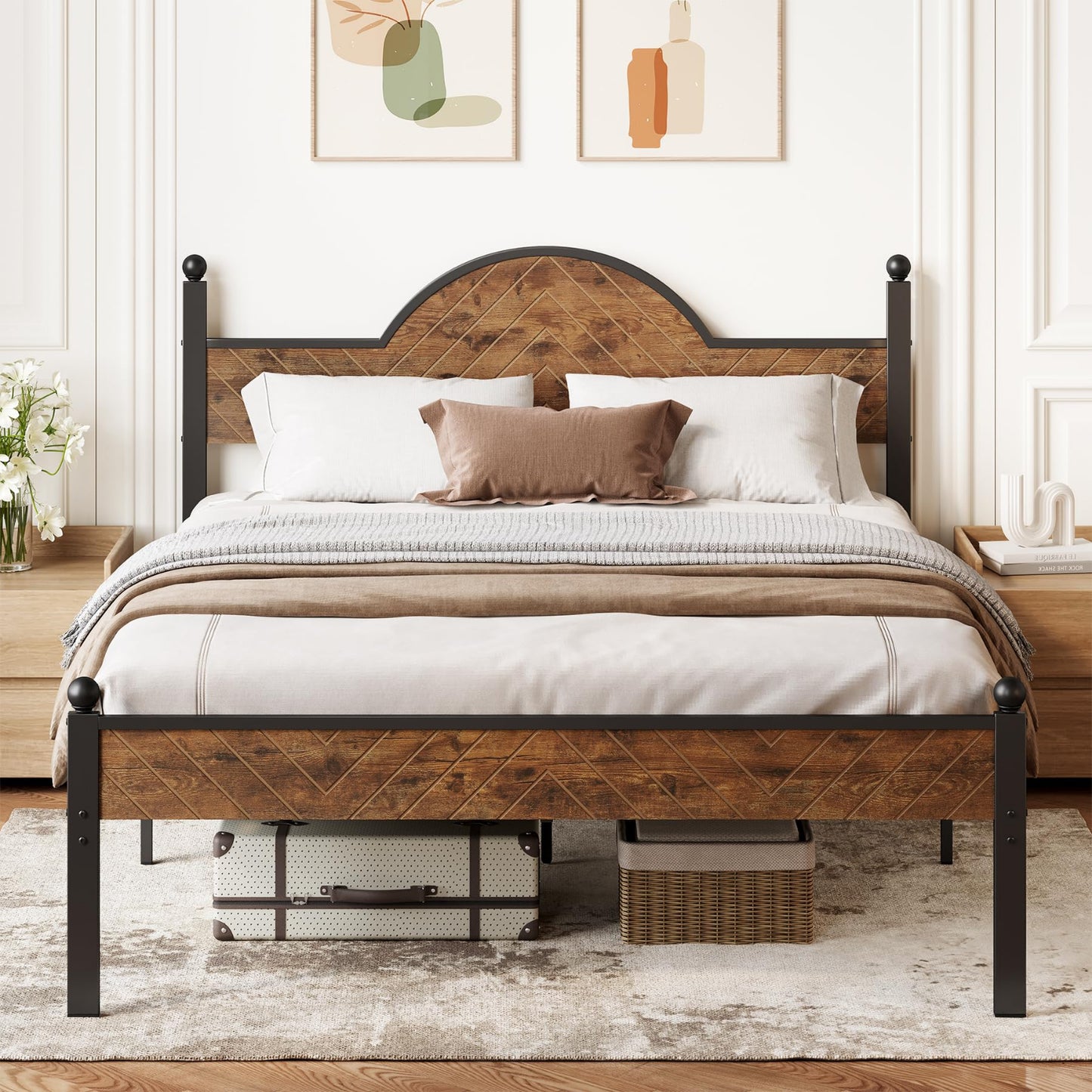 Bed Frame with Wooden Height-Adjustable Headboard and Footboard