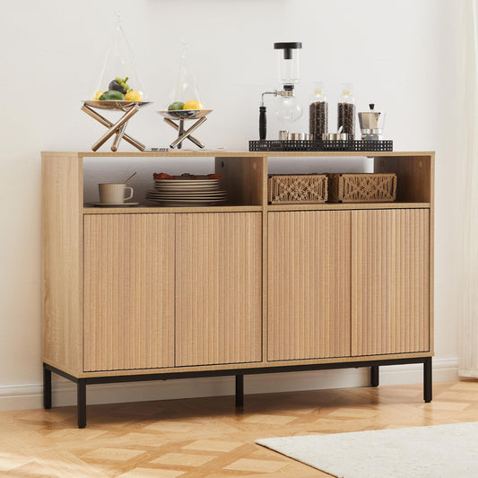 Fluted Natural Coffee Bar Station Table with Doors