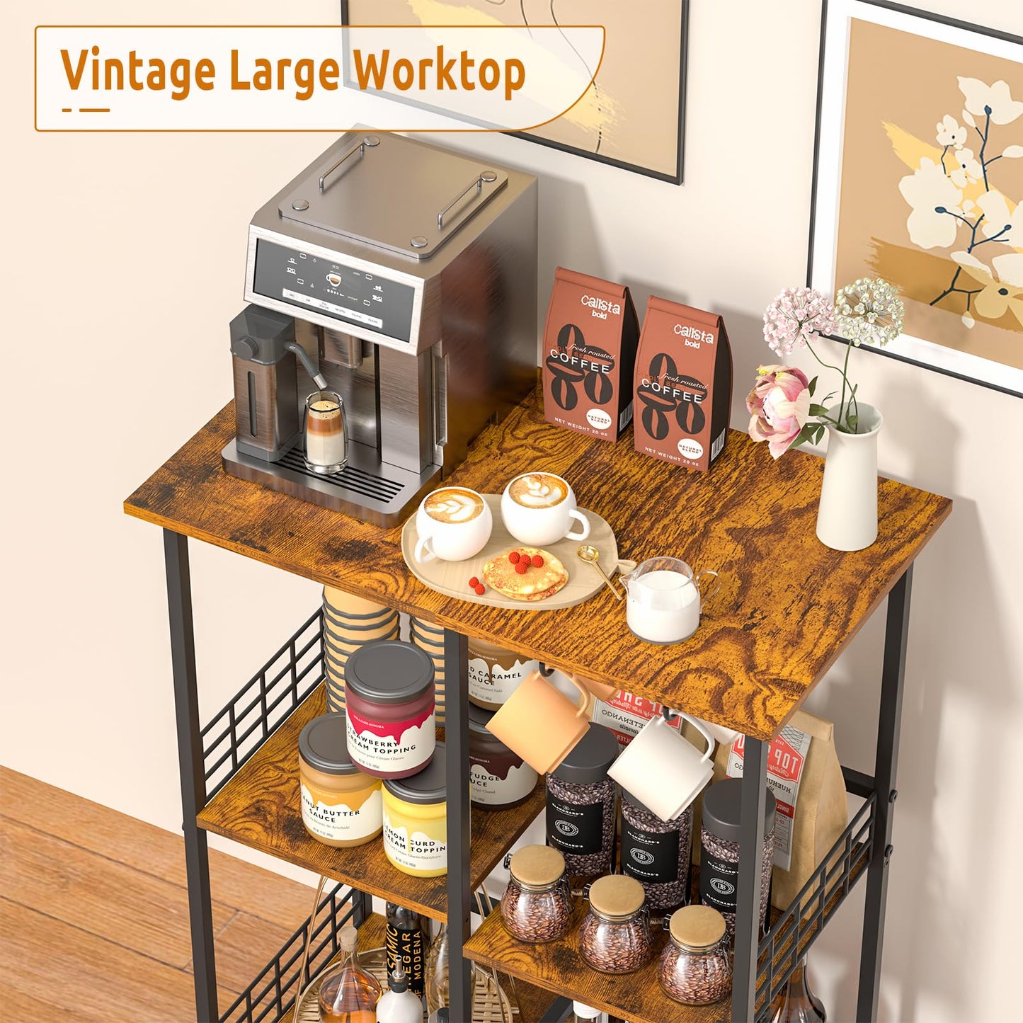 Vintage Coffee Bar Station Kitchen Bakers Rack