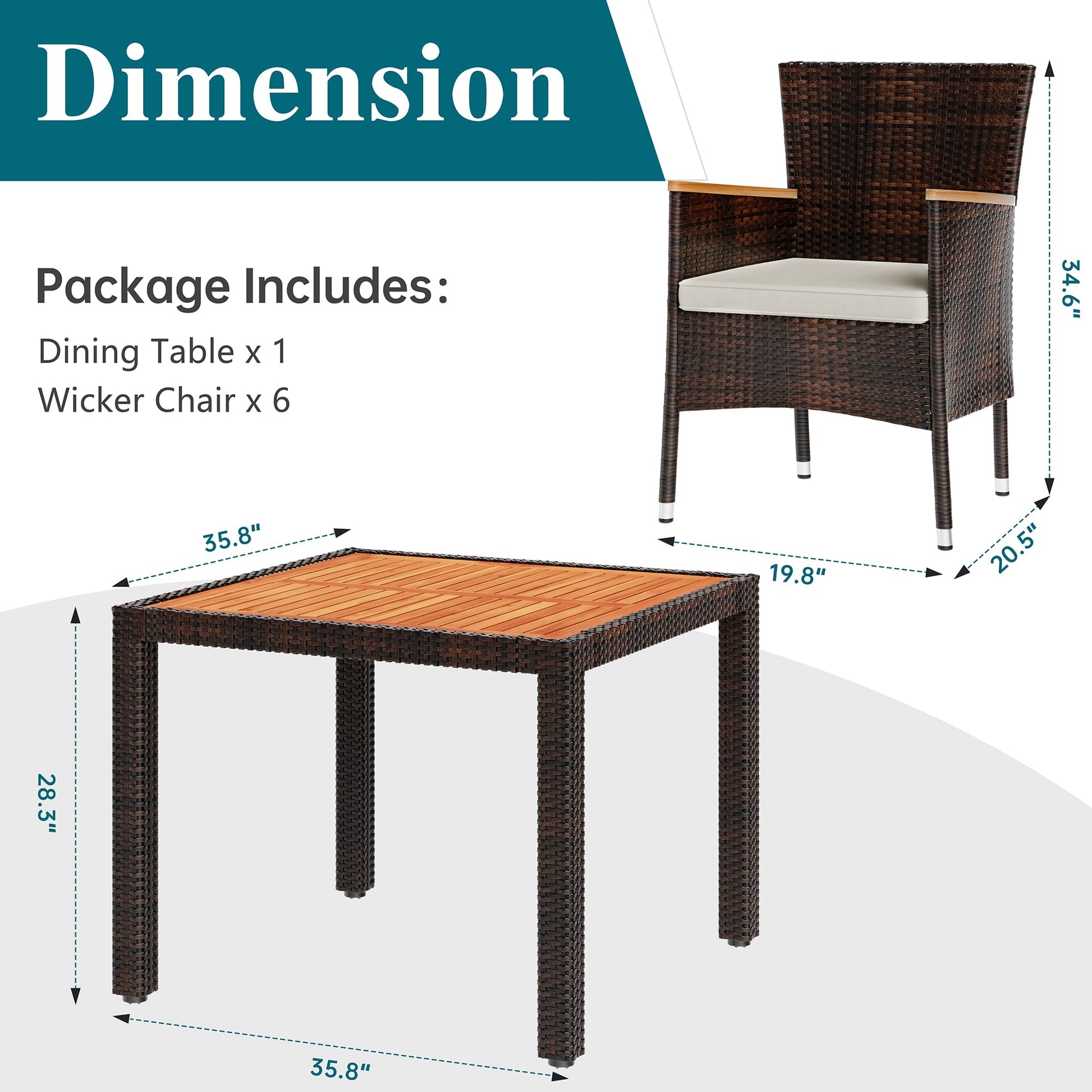 Outdoor furniture set with dining table and wicker chairs, including dimensions.