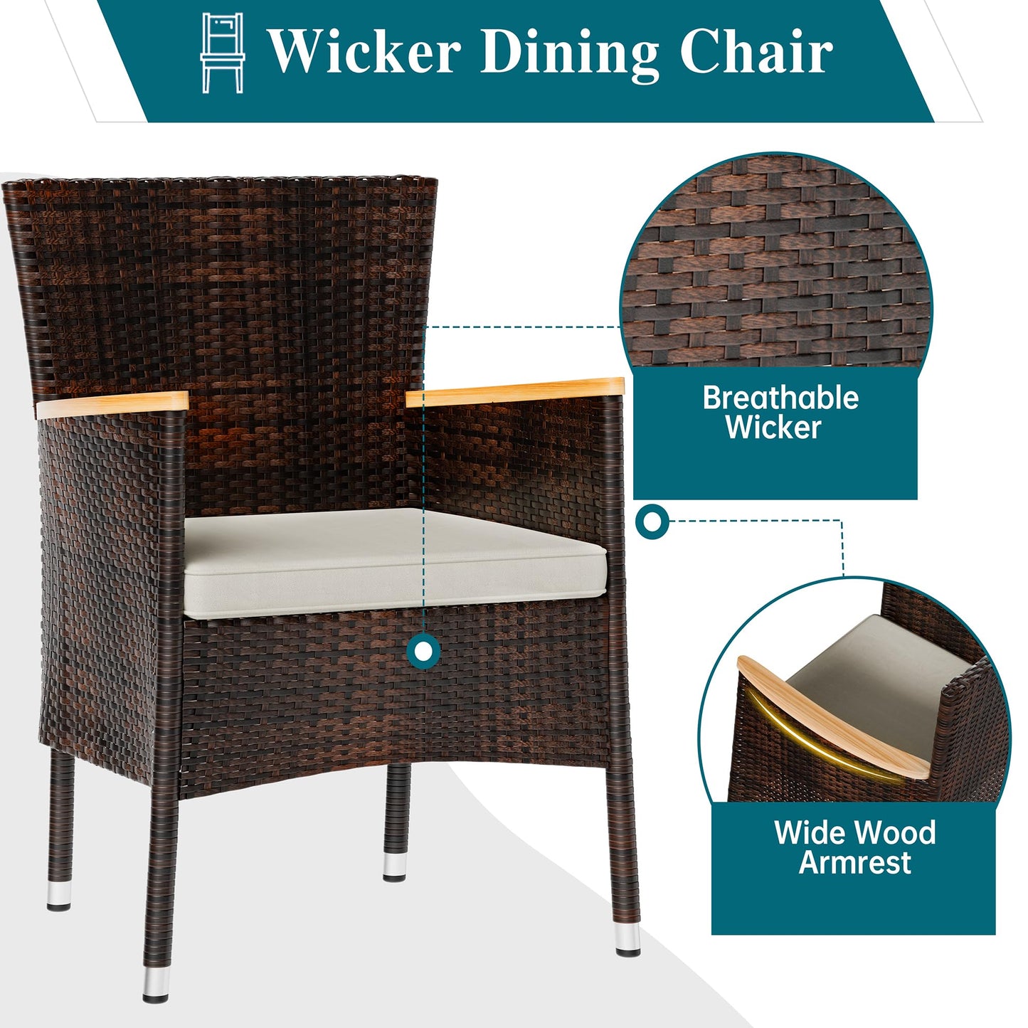 Wicker dining chair with breathable wicker material and wide wood armrest on a white background.