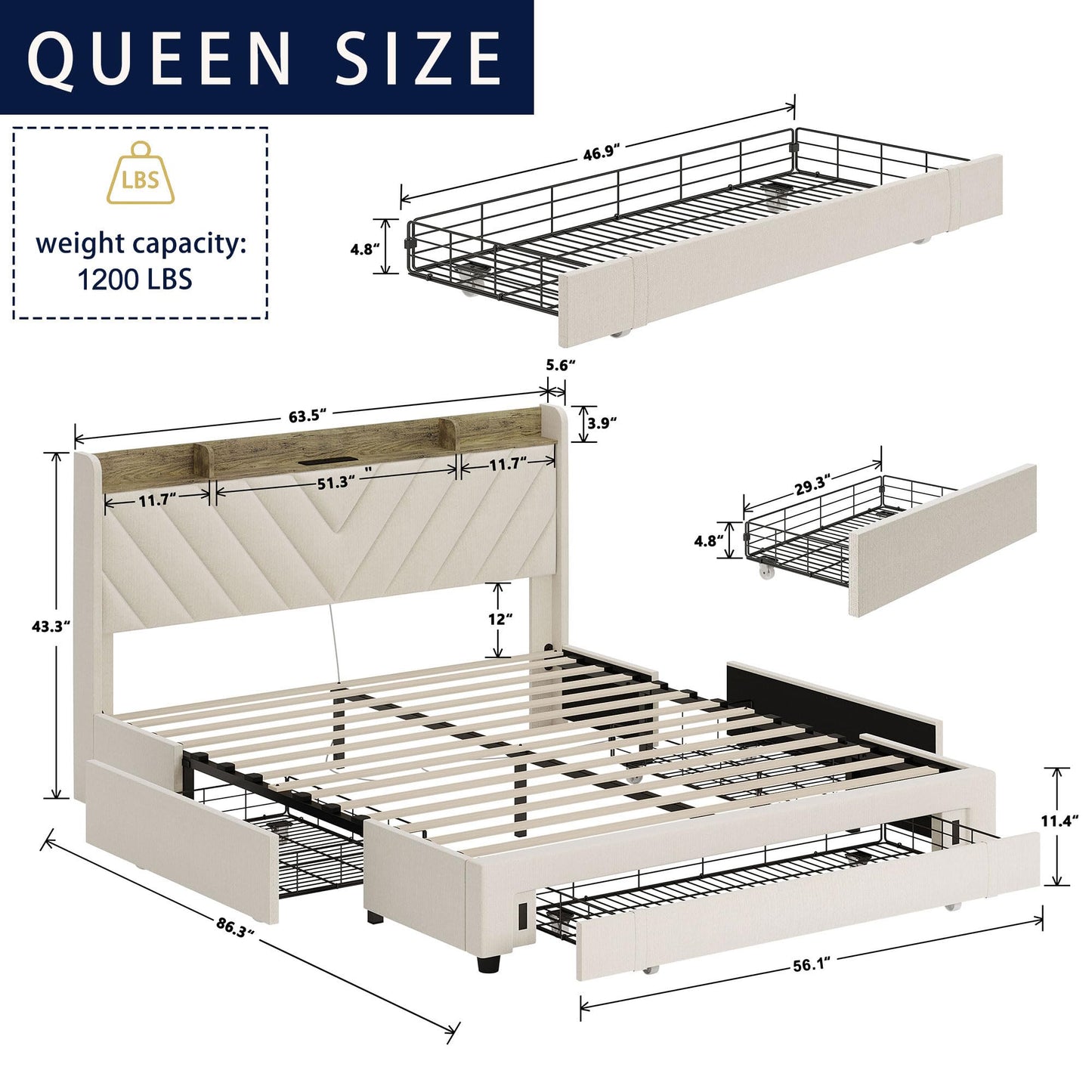 Upholstered Platform Bedframe with 3 Underbed Storage Drawers