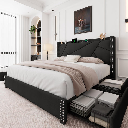 Platform Bed Frame with 4 Storage Drawers
