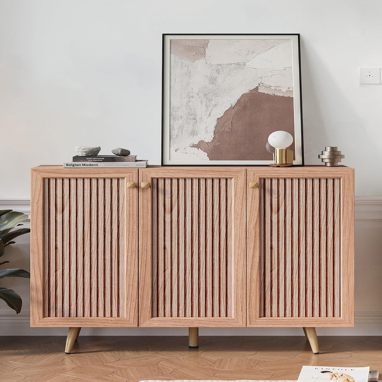 Sideboard Buffet Cabinet with 3 Faux Slatted Pattern Doors