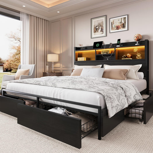 Bed Frame with 6 Storage Drawers and LED Lights