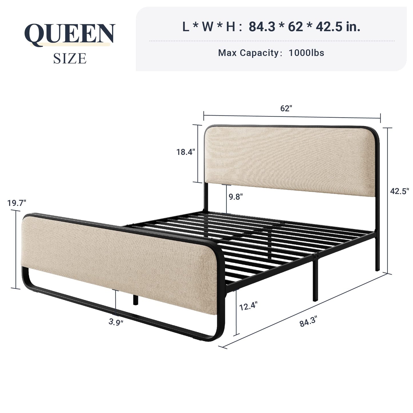 Metal Bed Frame with Curved Upholstered Headboard and Footboard