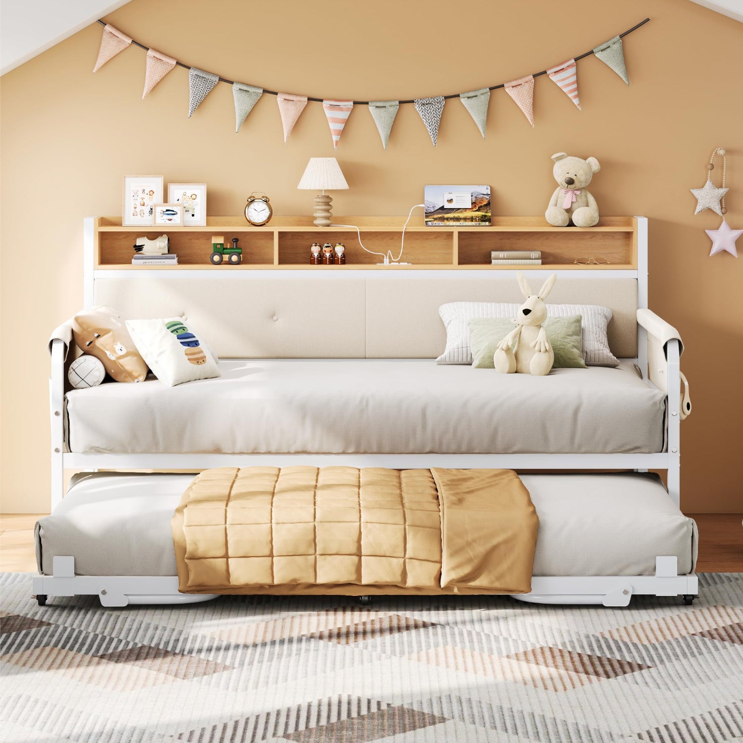 White sofa bed with beige blanket in a room with wooden shelves and decorative items.