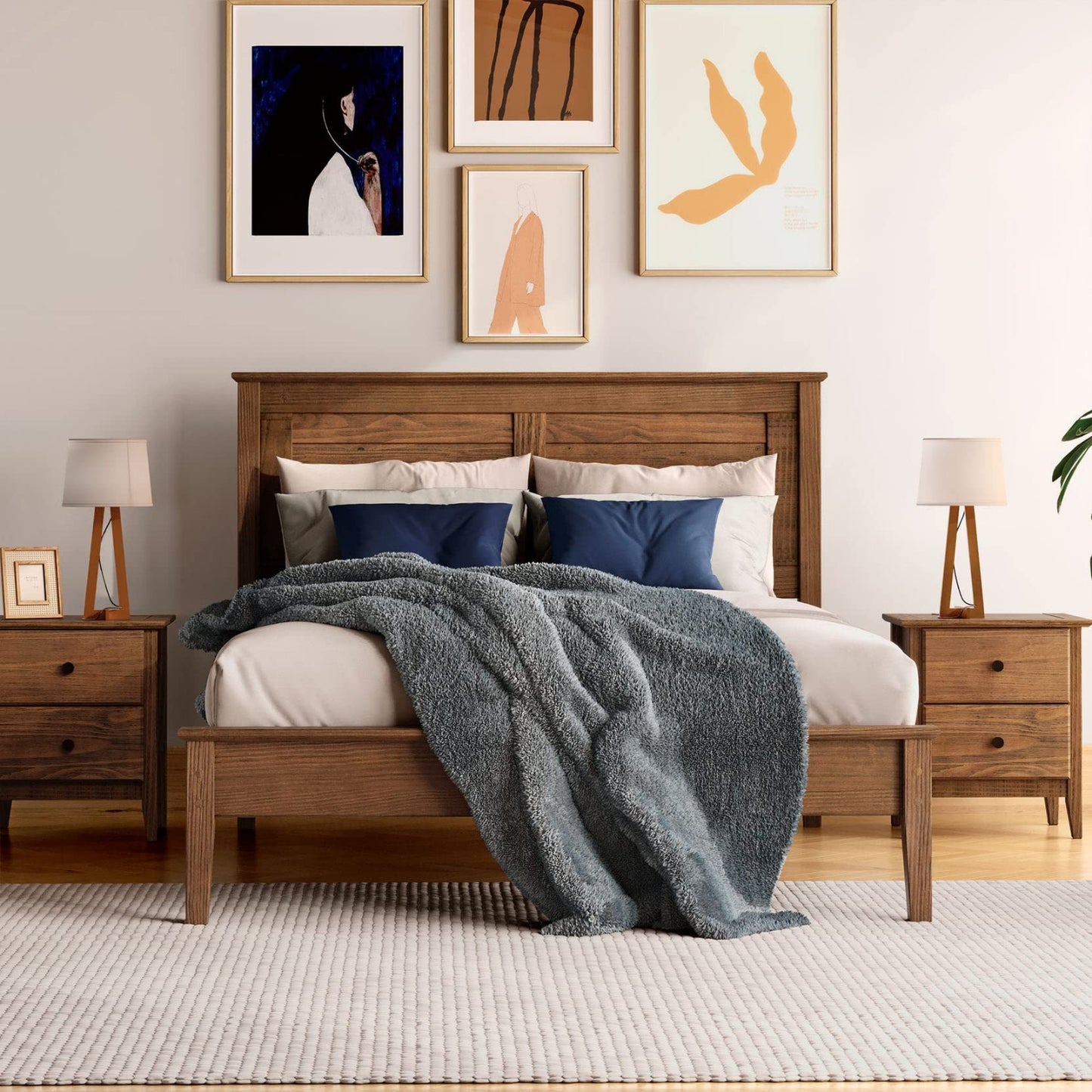 Solid Wood Platform Bed, Brushed Walnut