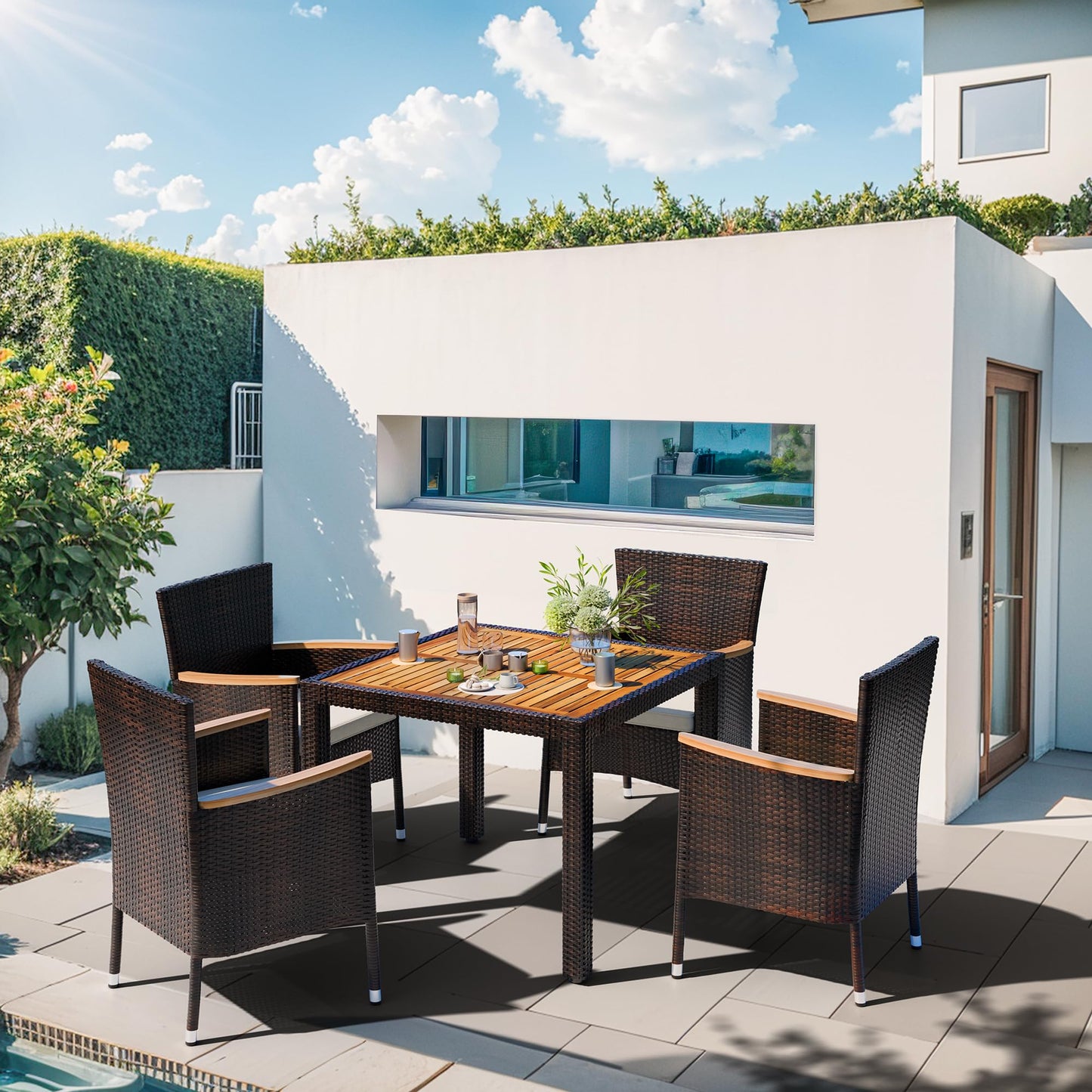 Wicker Patio Furniture Set with Wood Table Top