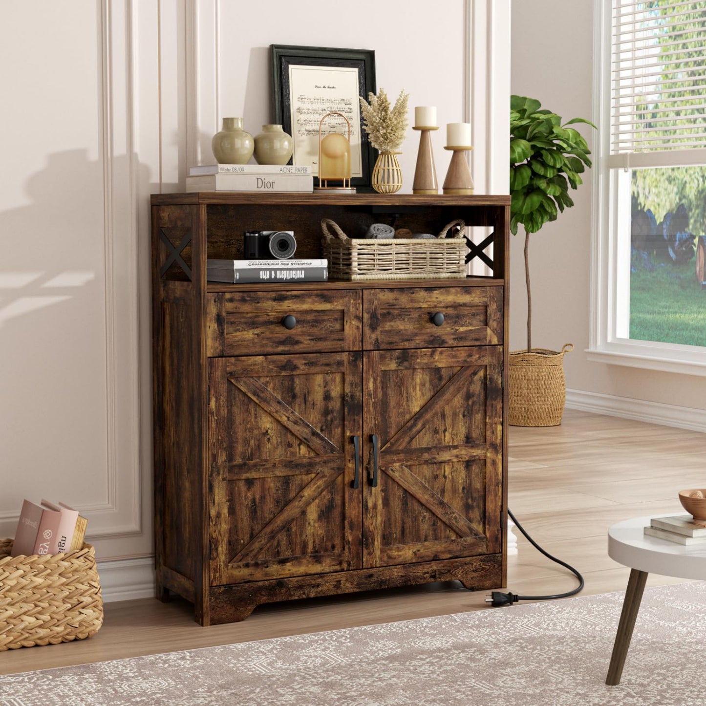 31.5" Rustic Brown Storage Cabinet with Doors and Drawers