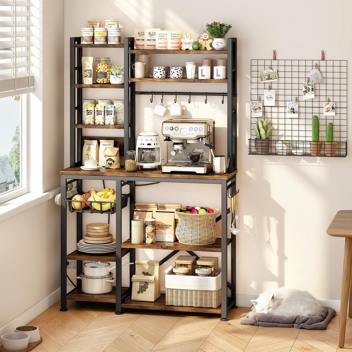 Rustic Brown Microwave Stand with Storage, Coffee Bar