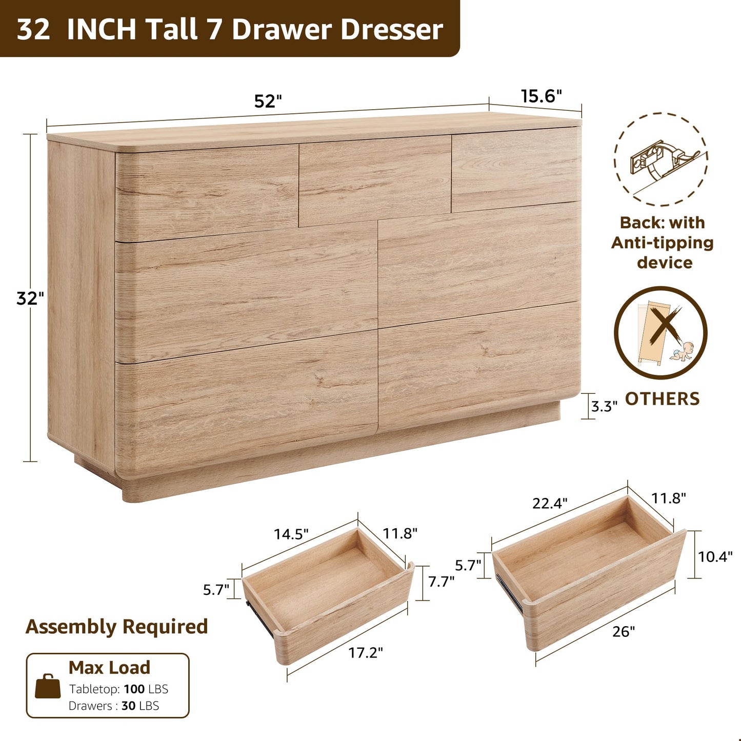 52" Wide Modern 7 Drawer Dresser for Bedroom
