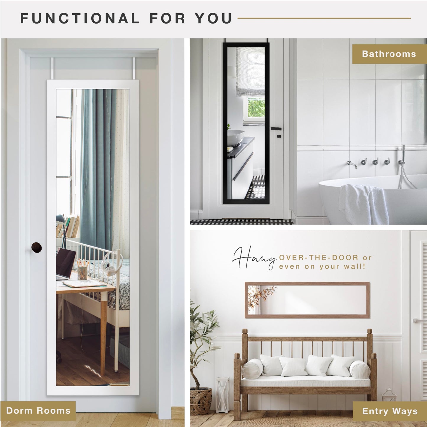 Over The Door Mirror, Full Length Hanging Mirror for Bedroom and Bathroom Doors