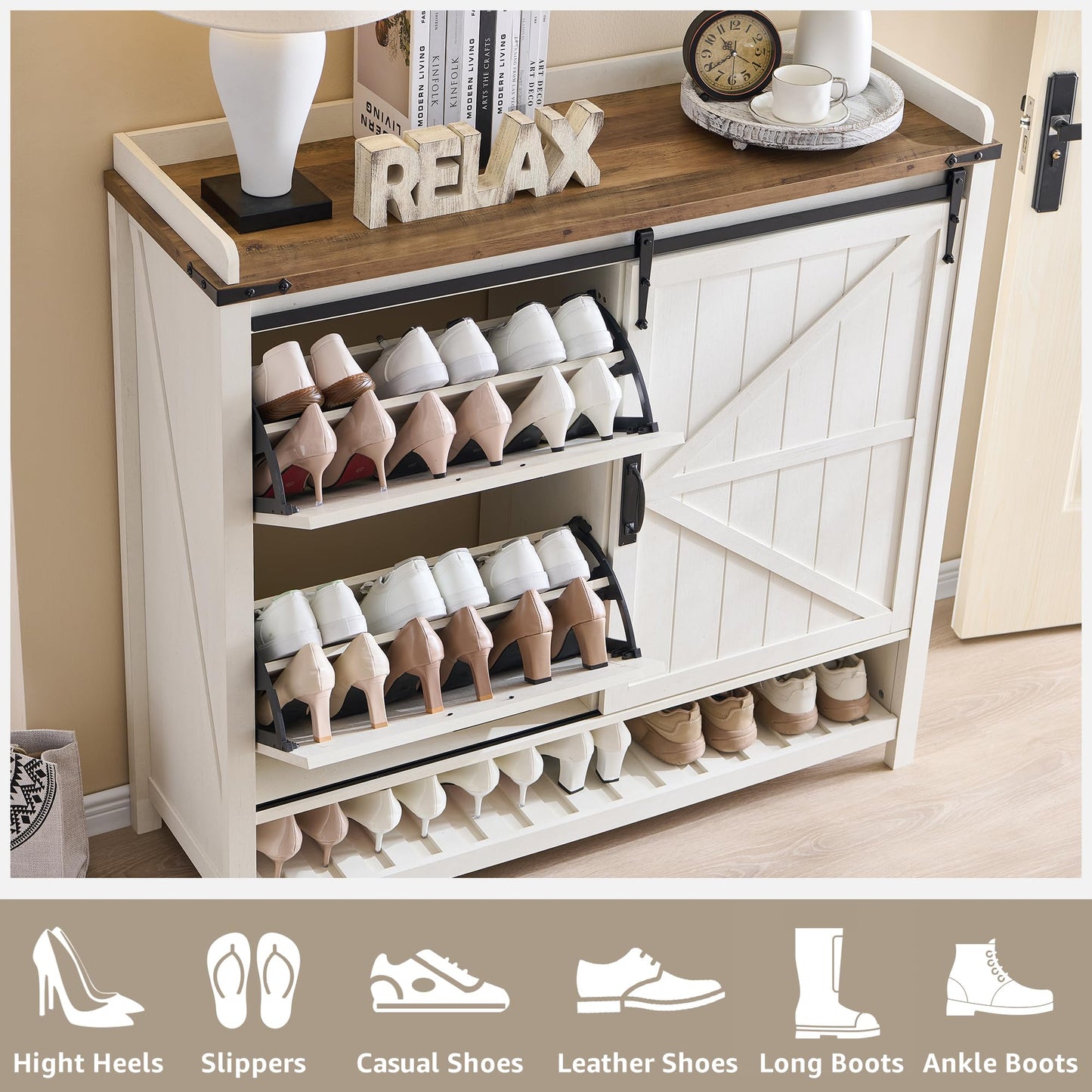 Shoe Storage Cabinet with 2 Flip Drawers & Sliding Door