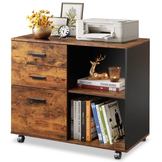 3 Drawer Mobile File Cabinet, Wood Lateral Filing Cabinet