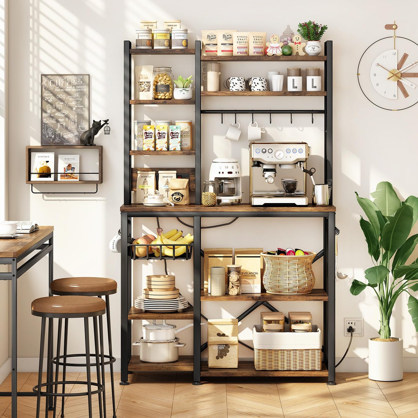 Rustic Brown Microwave Stand with Storage, Coffee Bar