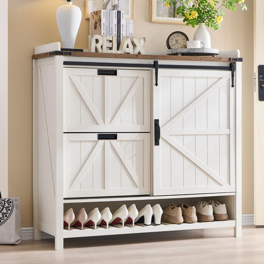 Shoe Storage Cabinet with 2 Flip Drawers & Sliding Door