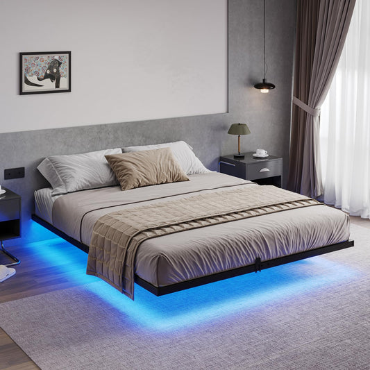 Floating Bed Frame with LED Lights, Metal Platform Bed