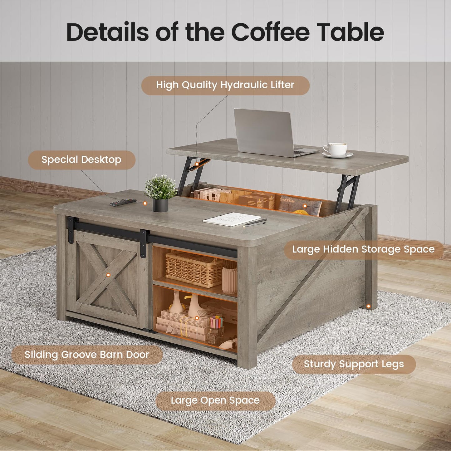 31.5" Lift Top Coffee Table With Storage