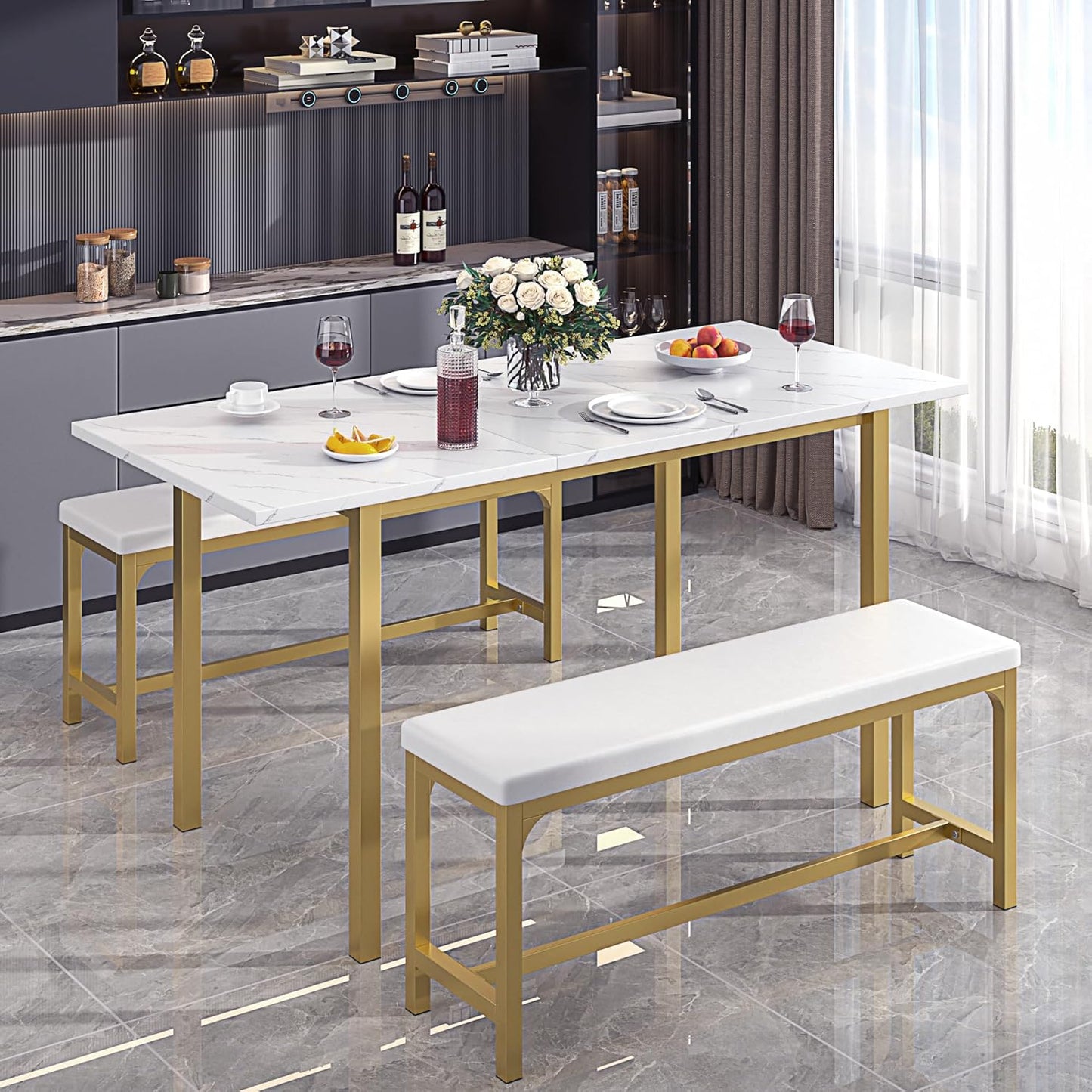 63" Extendable Kitchen Table with Benches/Chairs