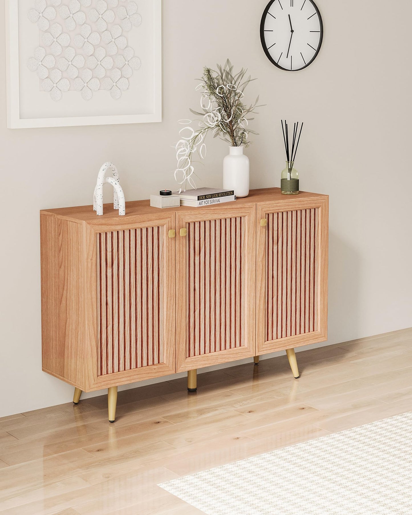 Sideboard Buffet Cabinet with 3 Faux Slatted Pattern Doors