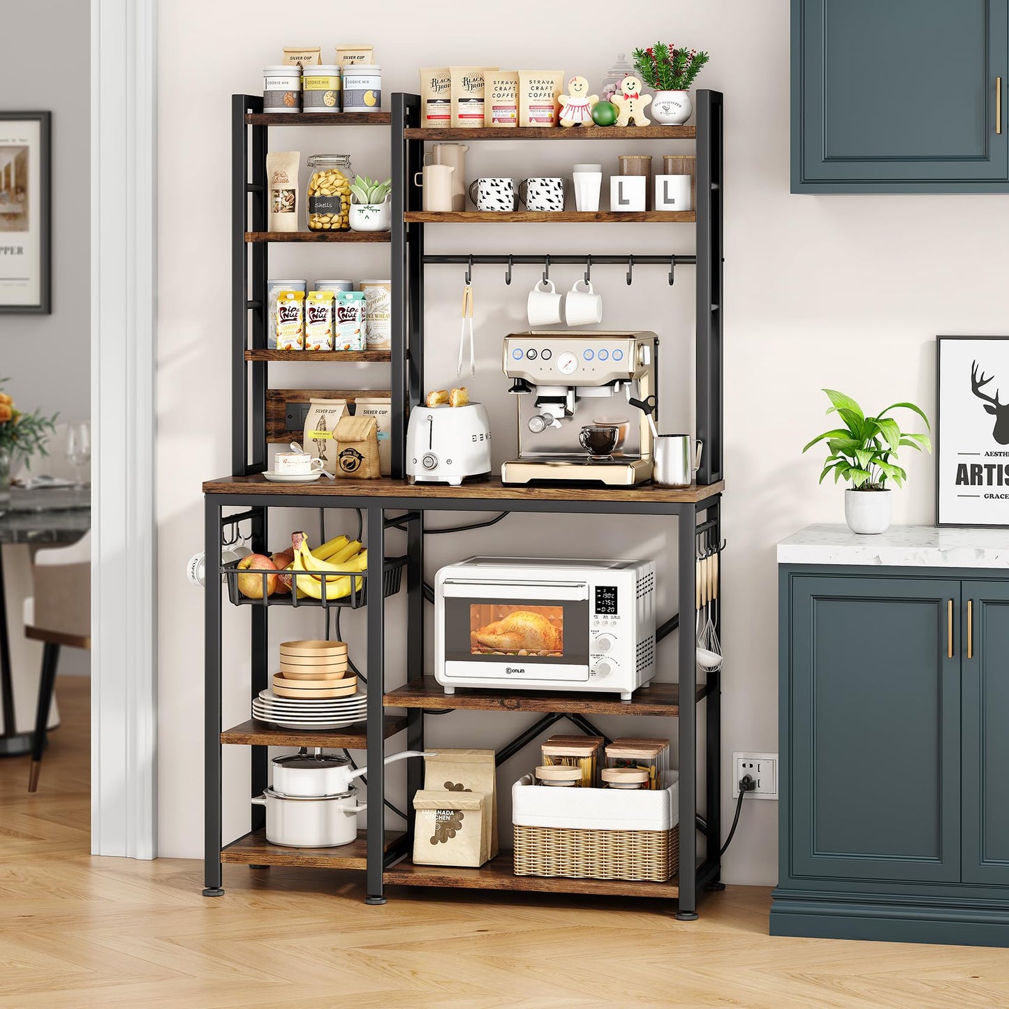 Rustic Brown Microwave Stand with Storage, Coffee Bar