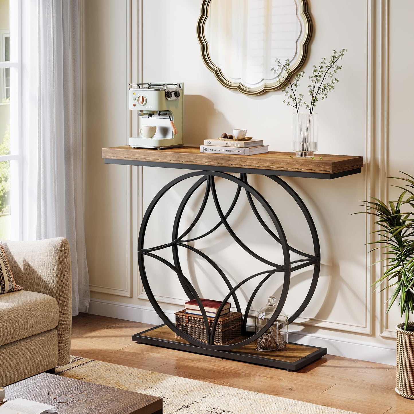Industrial 2-Tier Sofa Table with Geometric Metal Frame
