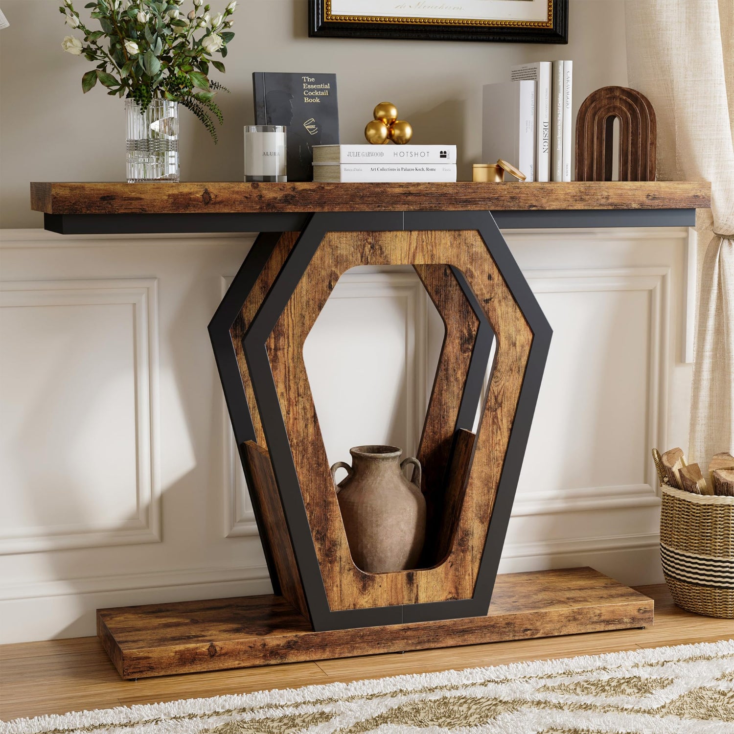 Wooden console table with decorative items in a room setting