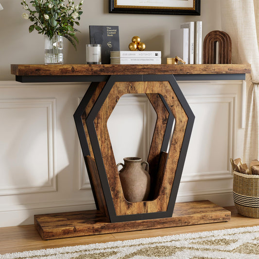 Wooden console table with decorative items in a room setting