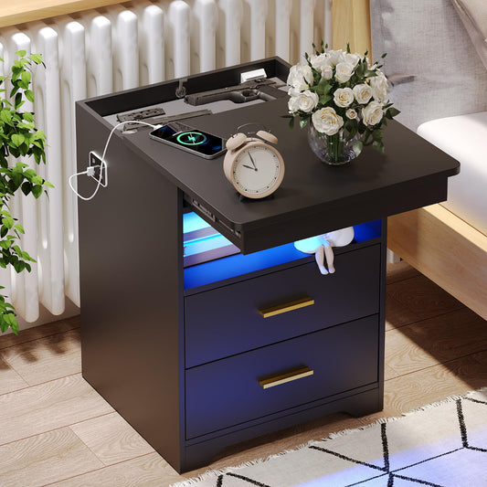 Charging Bedside Table with USB & Type-C Port, LED