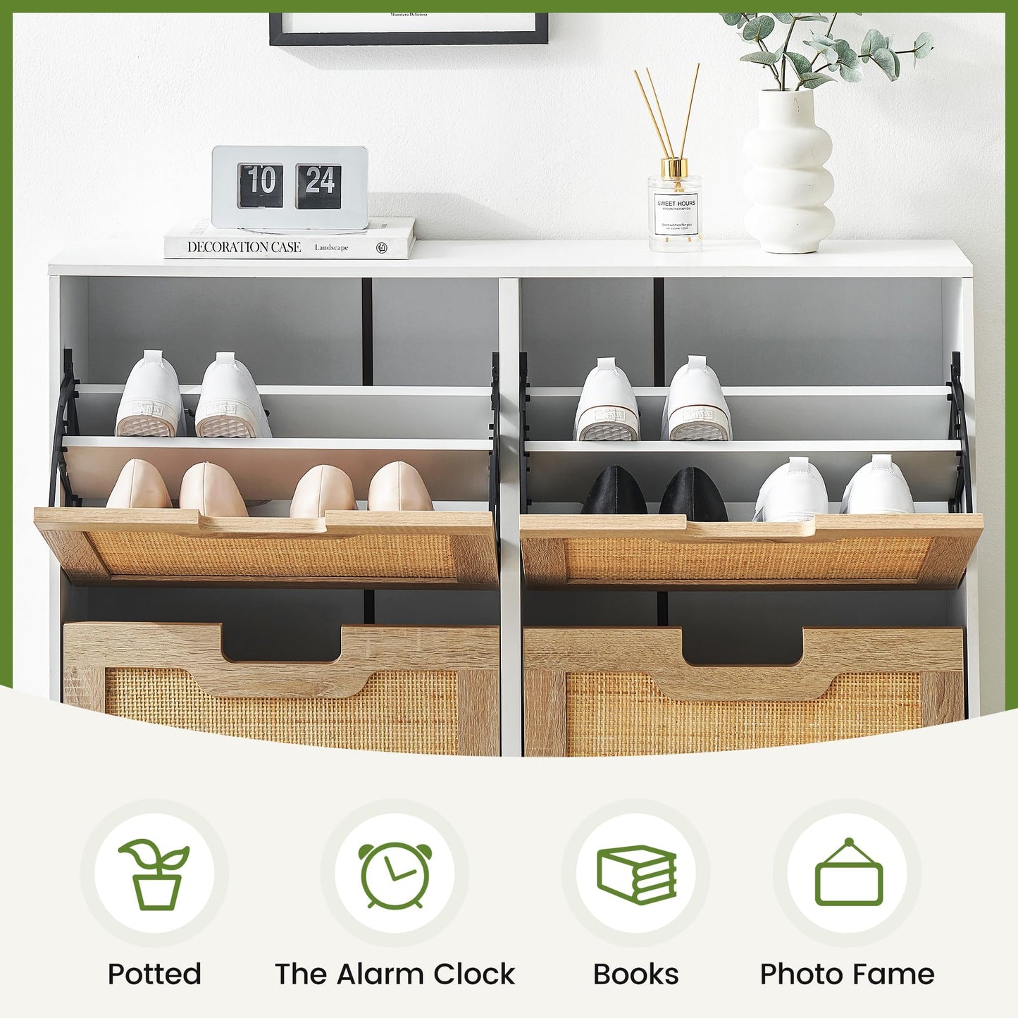 Rattan Shoe Storage Cabinet with 4 Flip Drawers