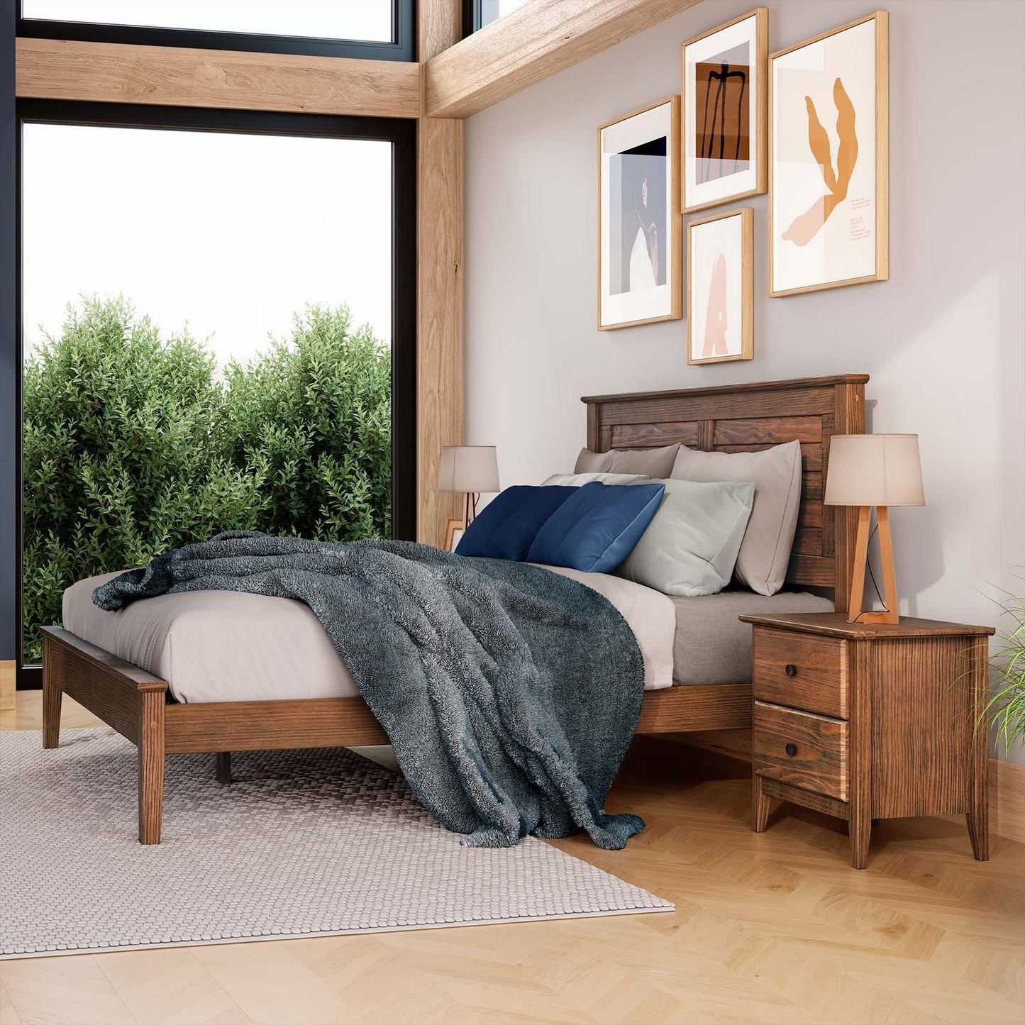 Solid Wood Platform Bed, Brushed Walnut