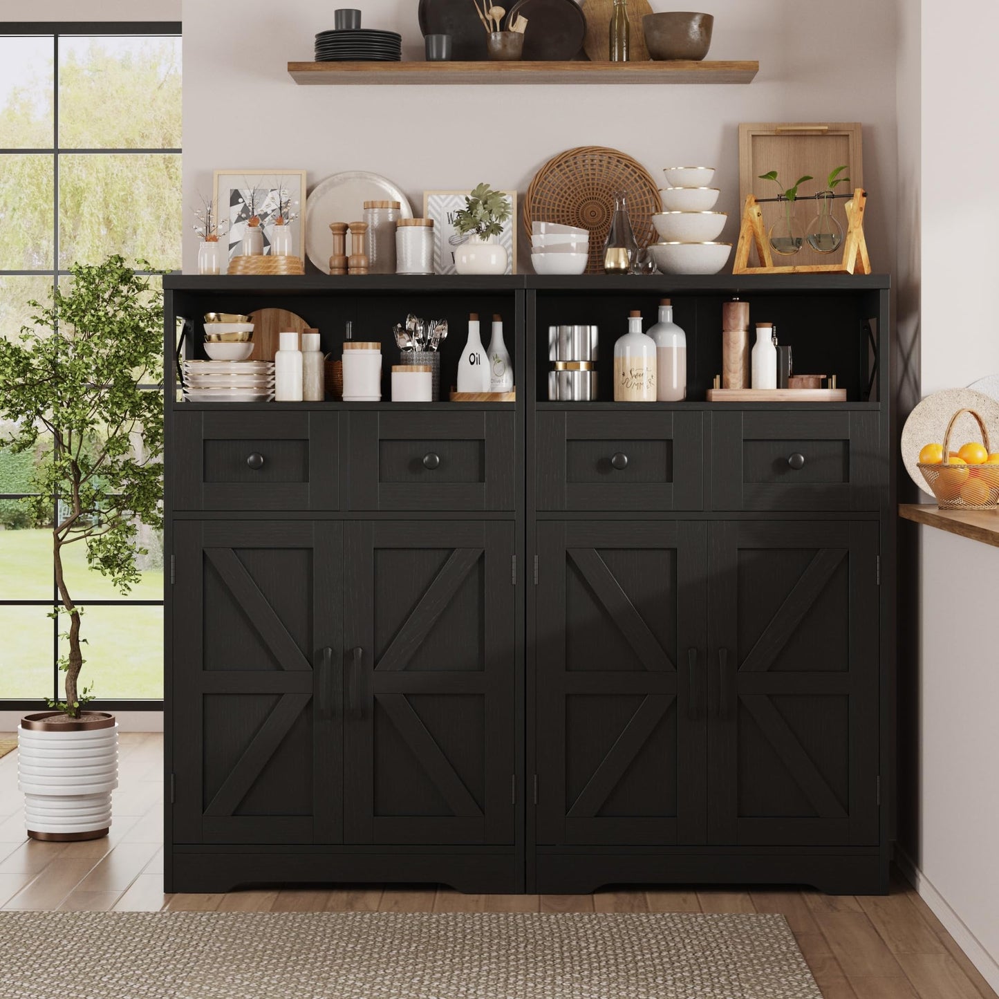 Black Storage Cabinet with Drawers and Shelves