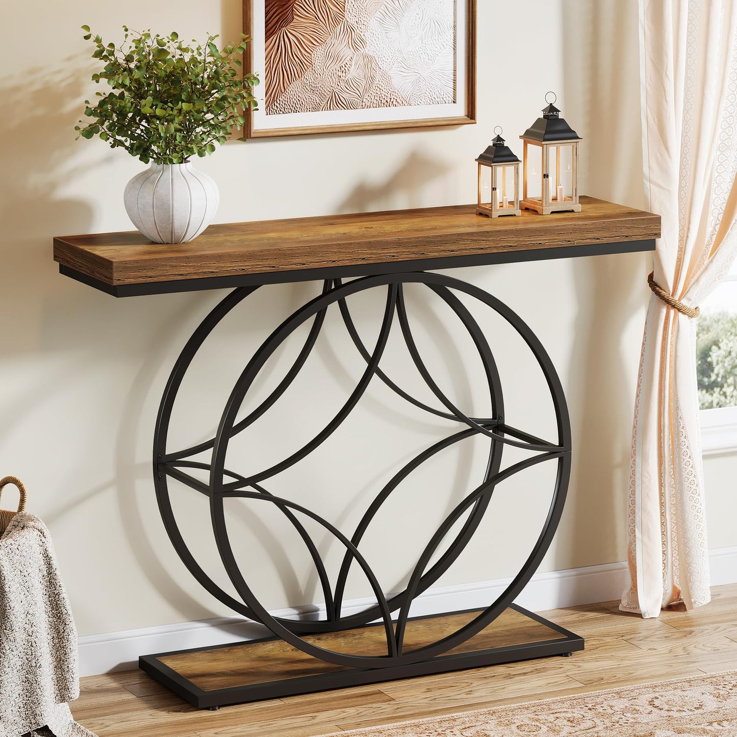Industrial 2-Tier Sofa Table with Geometric Metal Frame