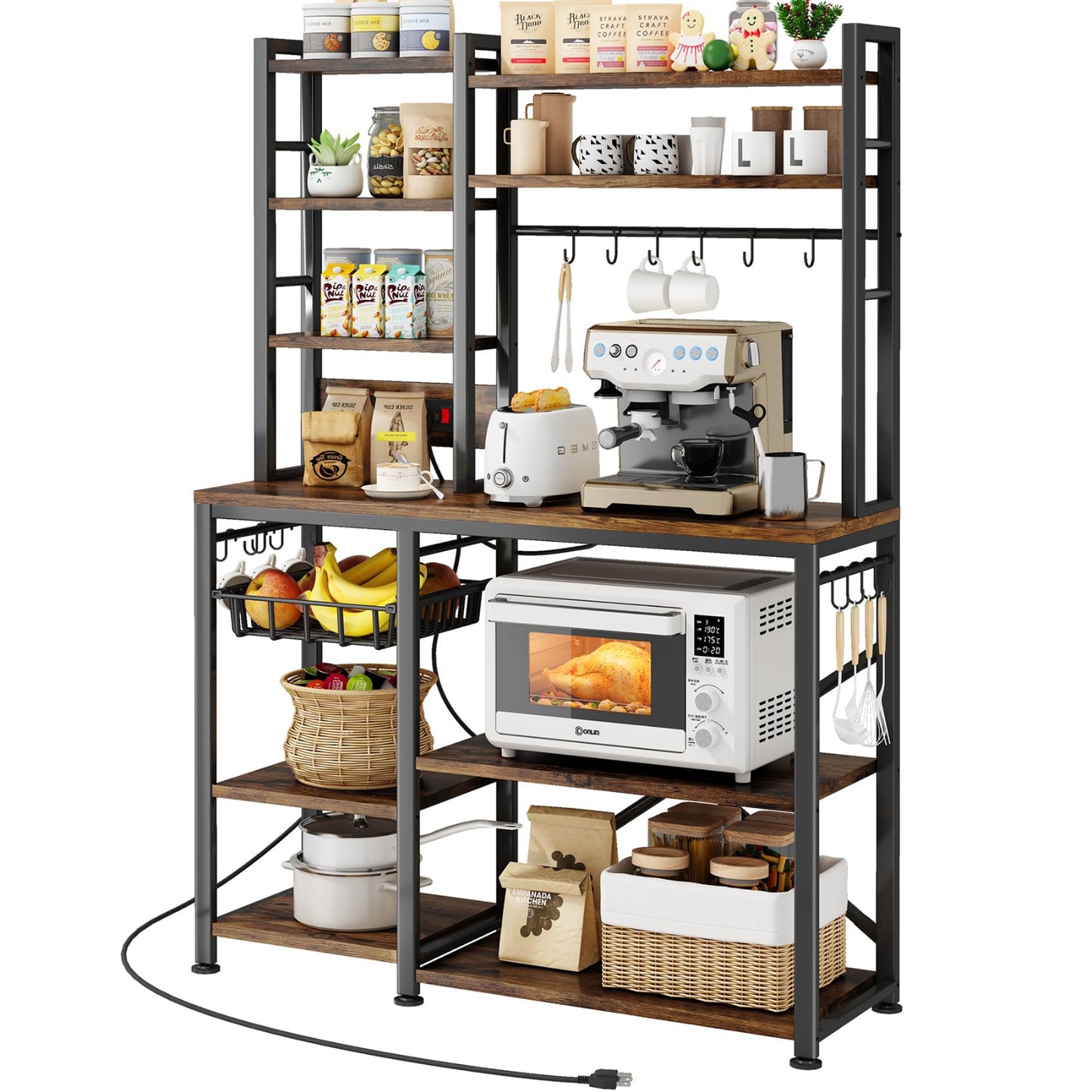 Rustic Brown Microwave Stand with Storage, Coffee Bar