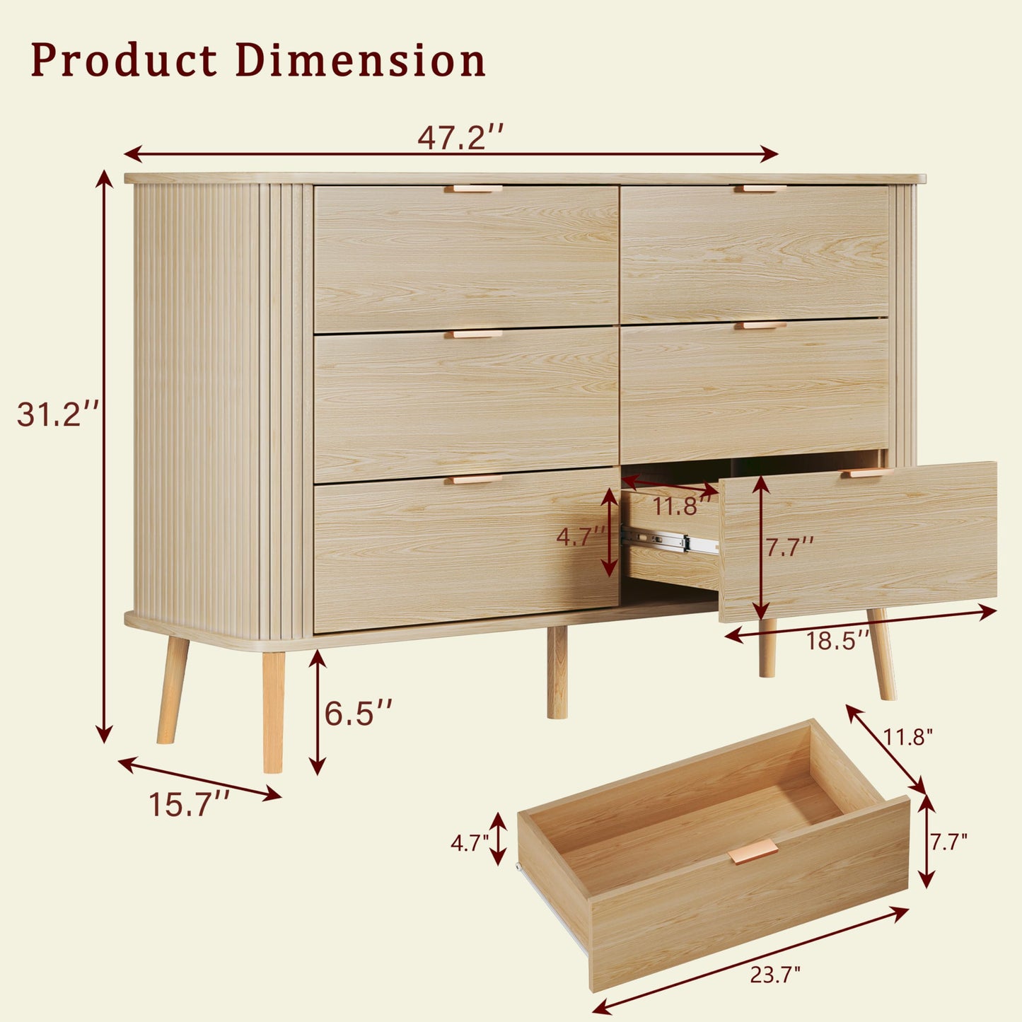 Fluted 6 Drawers Dresser for Bedroom - Curved Profile Design