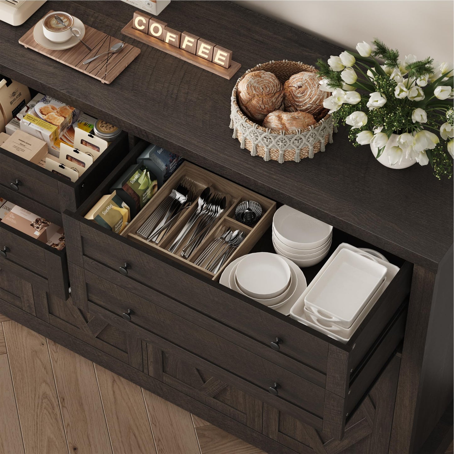 55" Coffee Bar with 4 Large Drawers