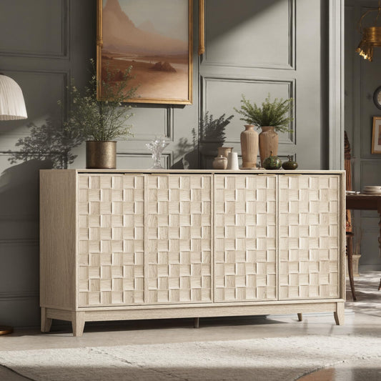 Beige woven-patterned sideboard in a room with decorative elements.