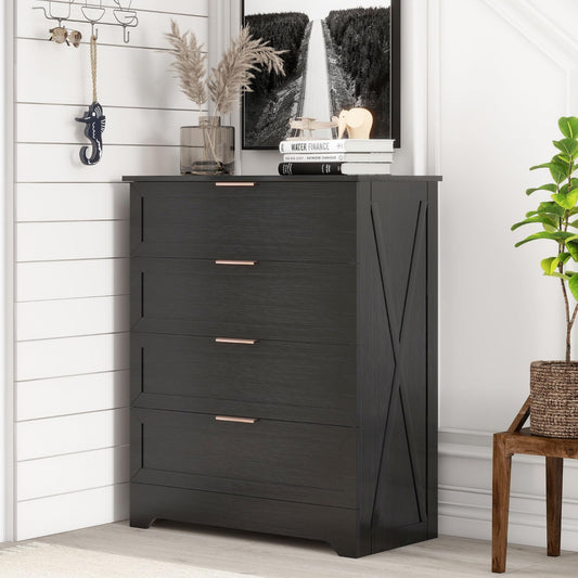 Black dresser with decorative items against a white wall