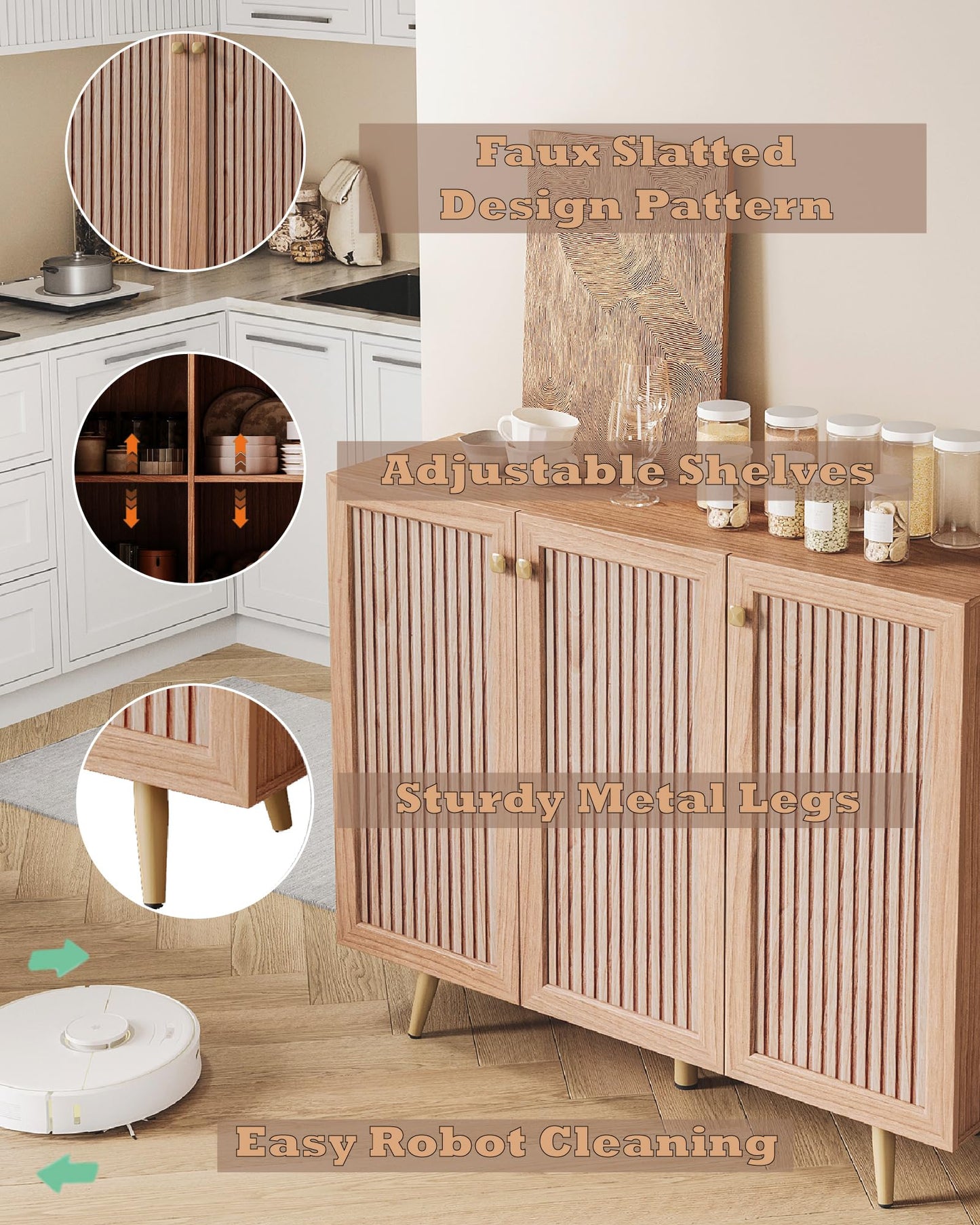 Sideboard Buffet Cabinet with 3 Faux Slatted Pattern Doors