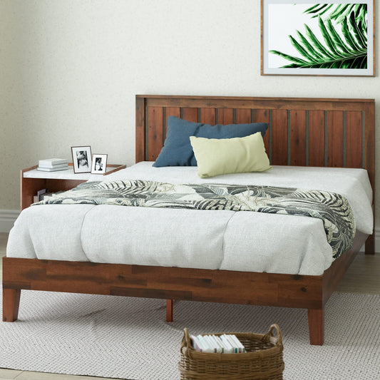 Wood Platform Bed Frame with Headboard, Wood Slat Support