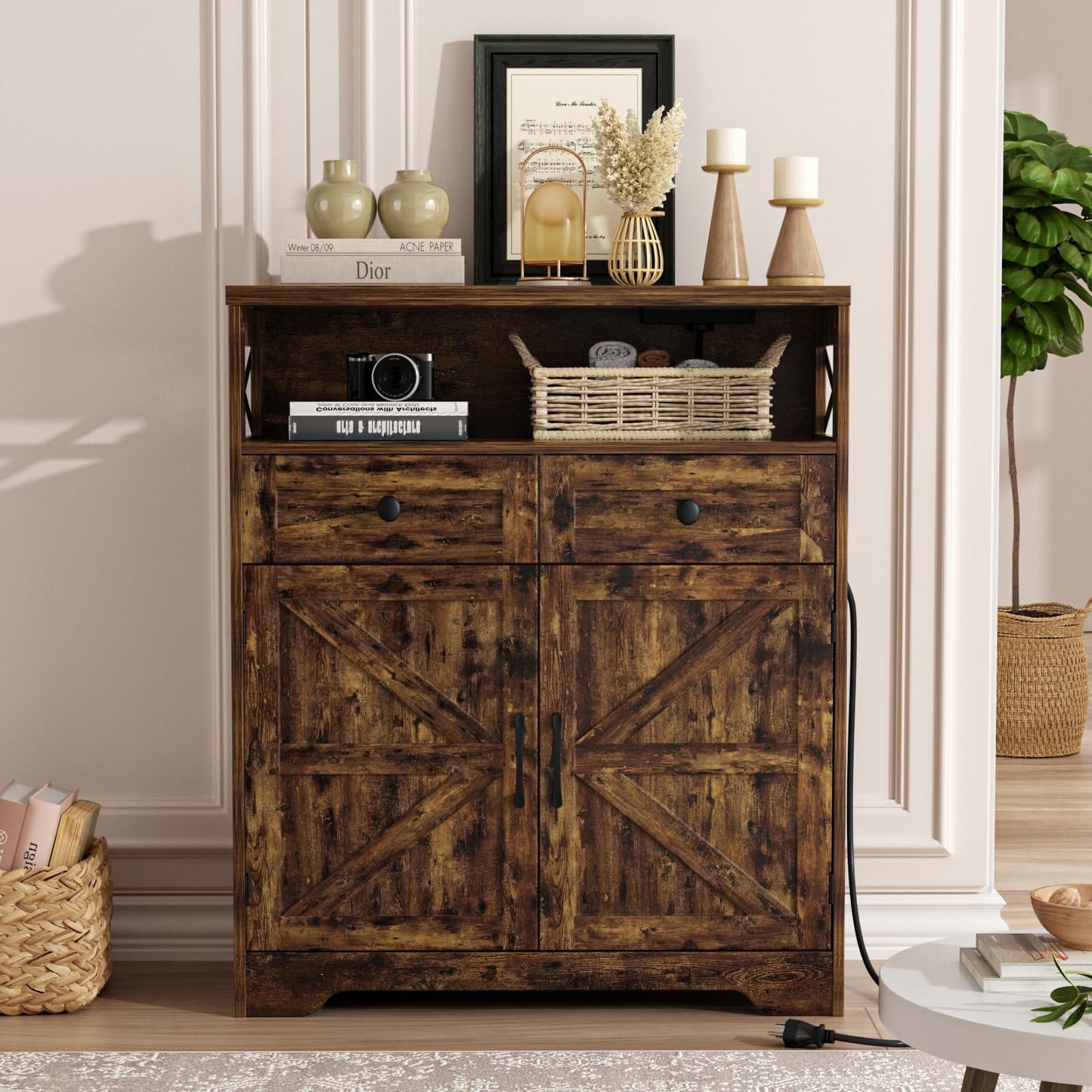 31.5" Rustic Brown Storage Cabinet with Doors and Drawers