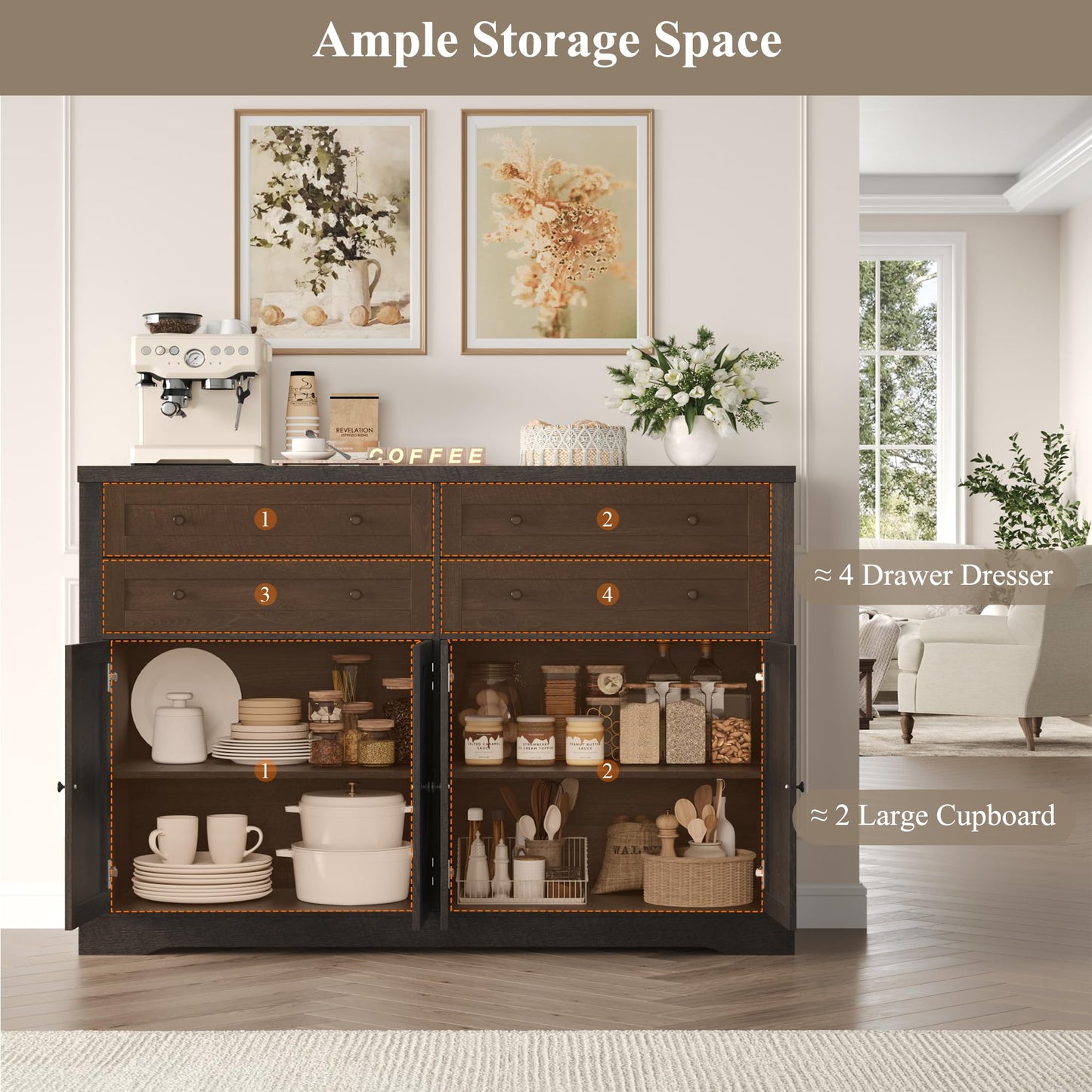 55" Coffee Bar with 4 Large Drawers