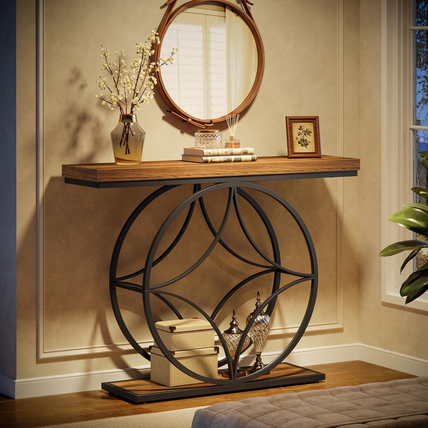 Industrial 2-Tier Sofa Table with Geometric Metal Frame