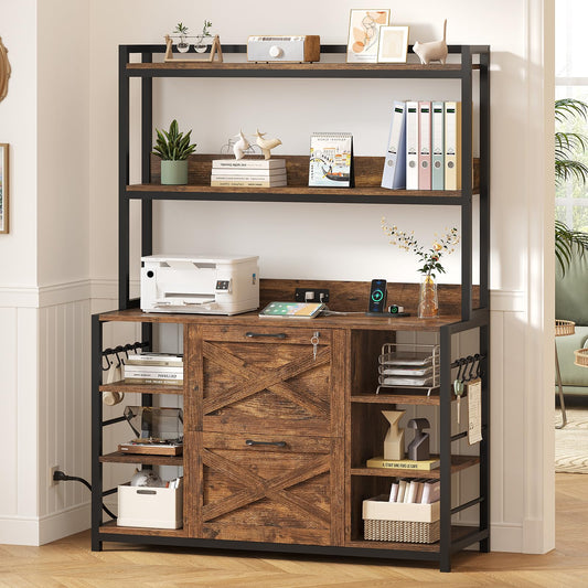 SEDETA File Cabinet, Filing Cabinet fits Legal/Letter/A4 Size, 2 Drawer Filing Cabinets for Home Office with Lock, Power Strip and Open Storage Shelves, Rustic Brown