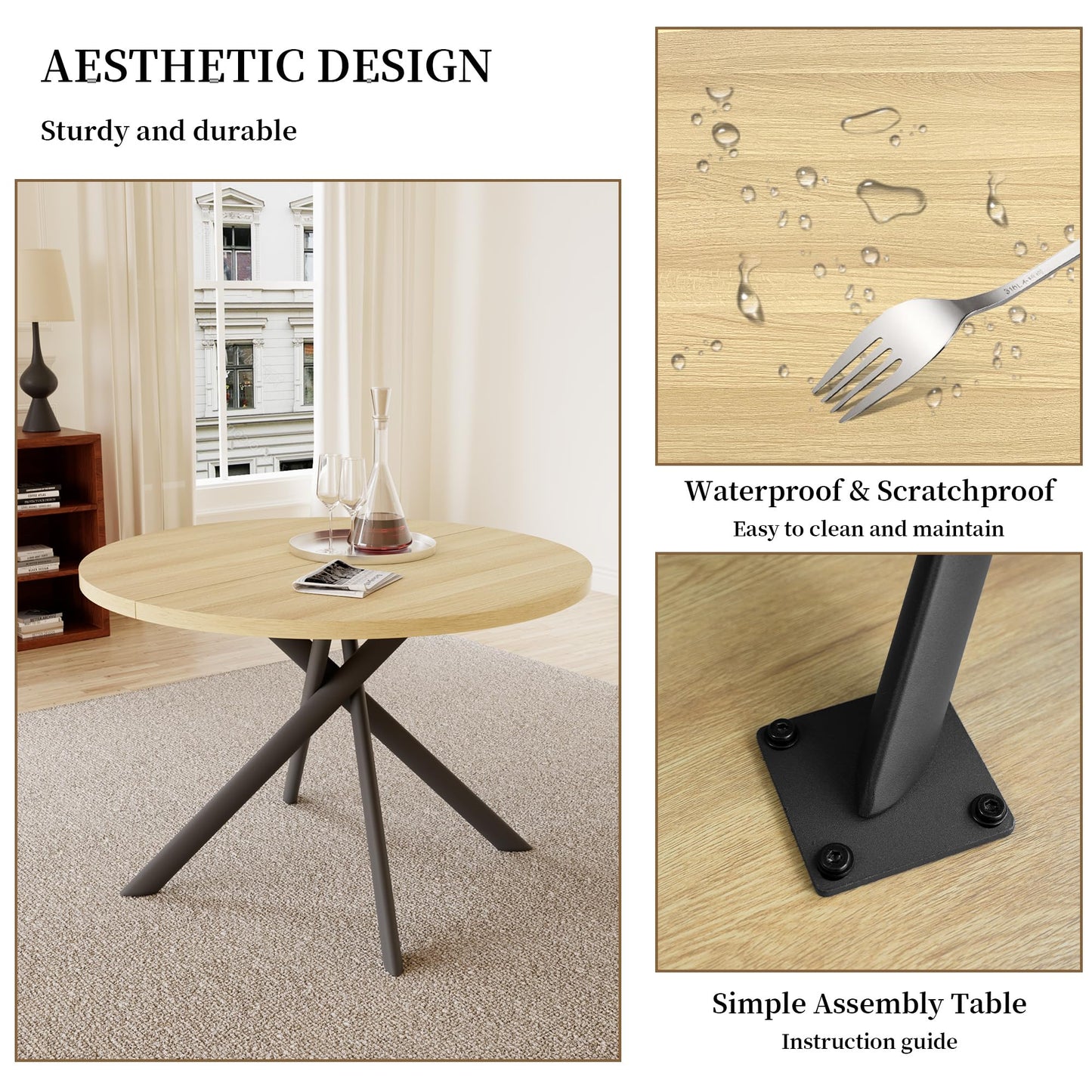 Cream Table+4 Black Chairs Dining Table