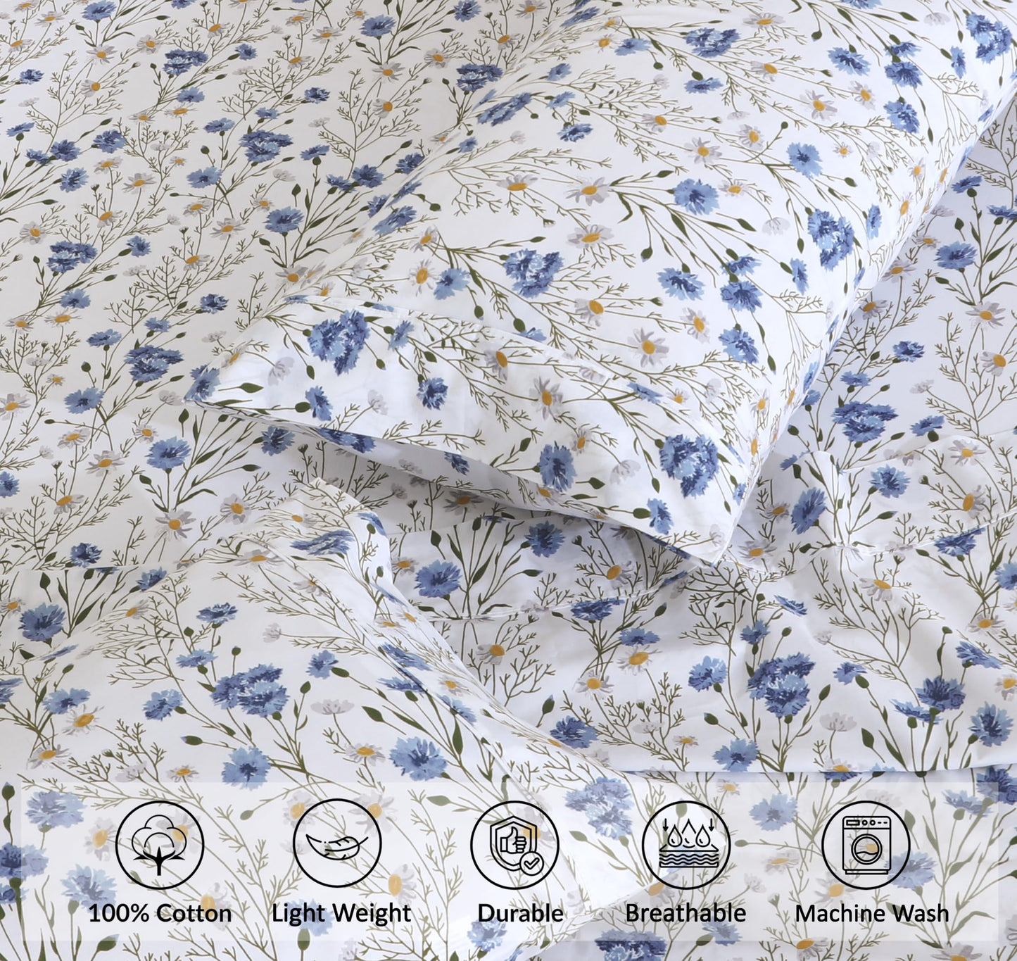 RUVANTI 100% Cotton Sheets Queen Size Set, 4 Pieces, Soft & Breathable Percale Weave Bedding, Deep Pocket 16", Hotel Standard, Crisp Cool Feeling, Durable, Perfect Floral Bed Sheet, Sweet Pea