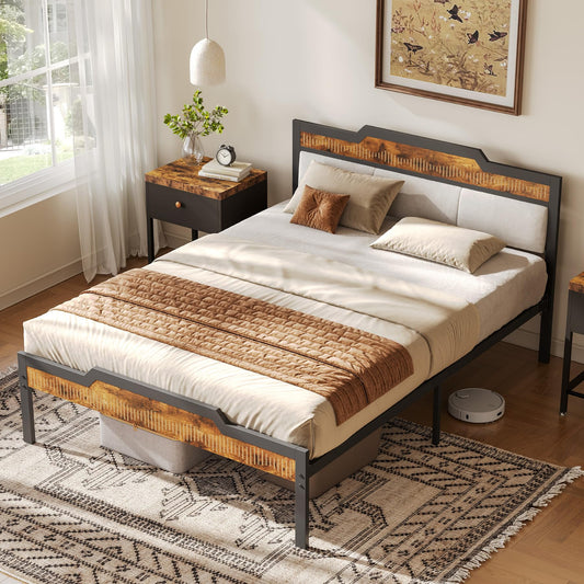 Bed Frame with Upholstered Headboard and Wooden Footboard