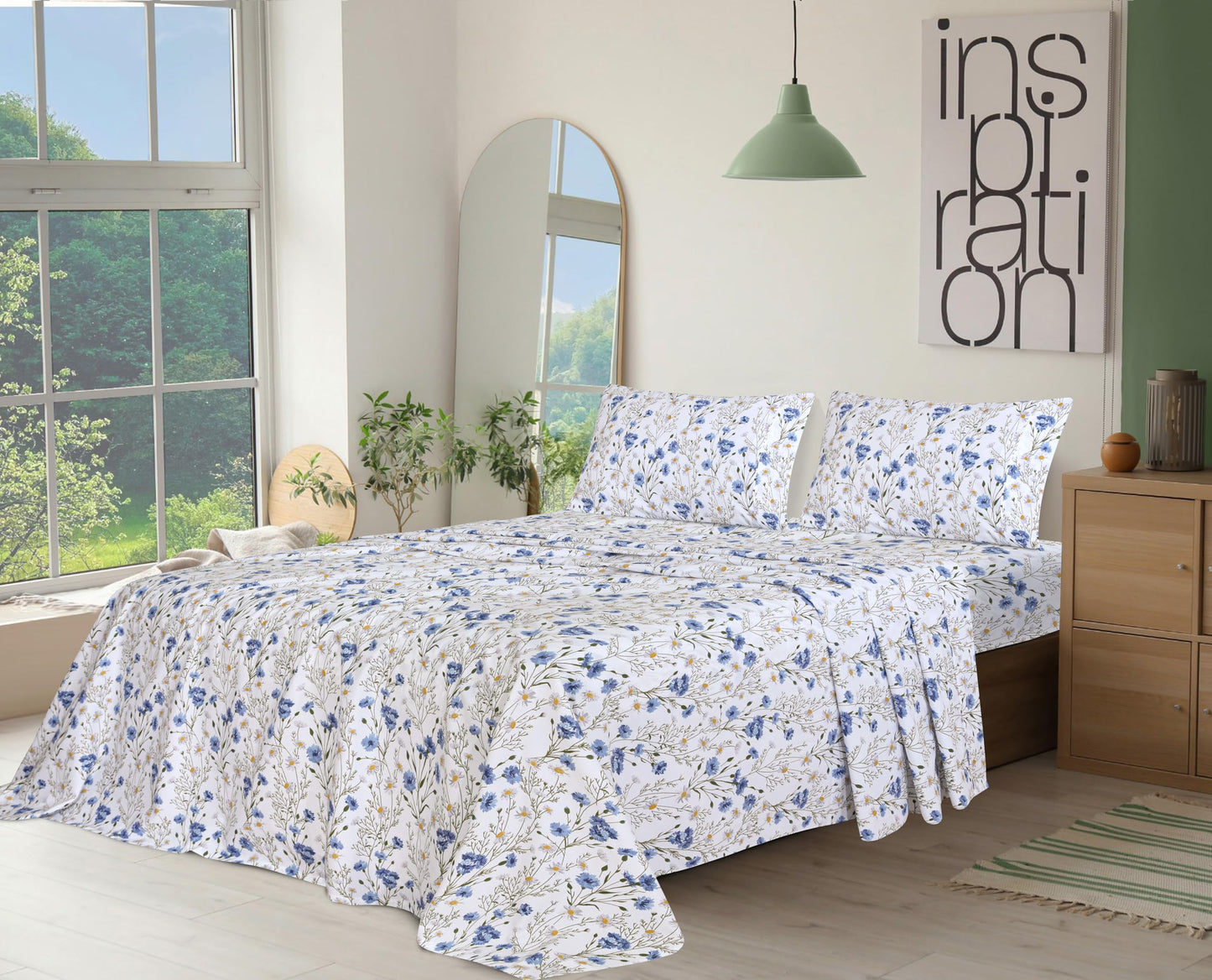 RUVANTI 100% Cotton Sheets Queen Size Set, 4 Pieces, Soft & Breathable Percale Weave Bedding, Deep Pocket 16", Hotel Standard, Crisp Cool Feeling, Durable, Perfect Floral Bed Sheet, Sweet Pea